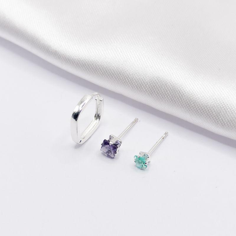 BRINCO PRATA TRIO 2 ARGOLA CLICK QUADRADA E CARRÊ ROXO E VERDE