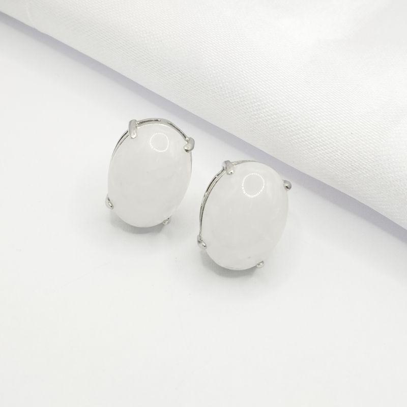 BRINCO RODIO PEDRA OVAL BRANCA