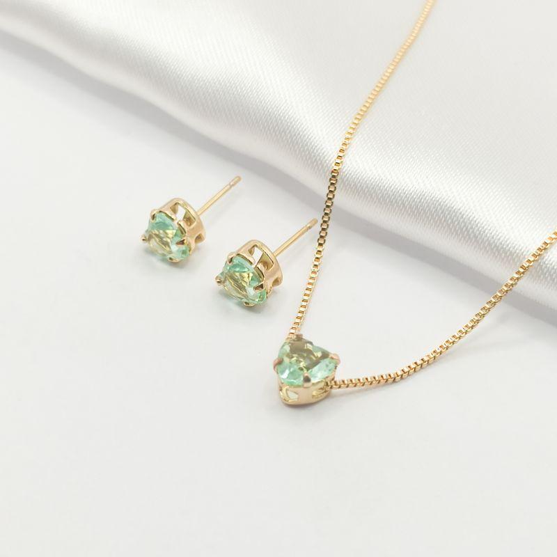 CONJUNTO DOURADO CORAÇÃO VERDE ÁGUA 45CM P