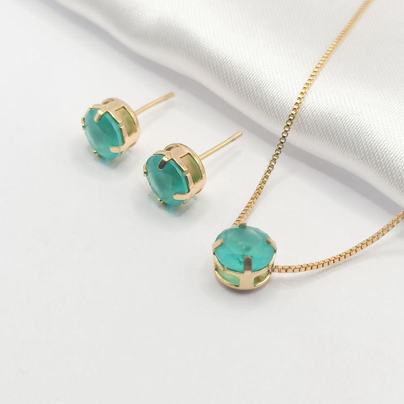 CONJUNTO DOURADO PONTO DE LUZ TURQUESA 45CM