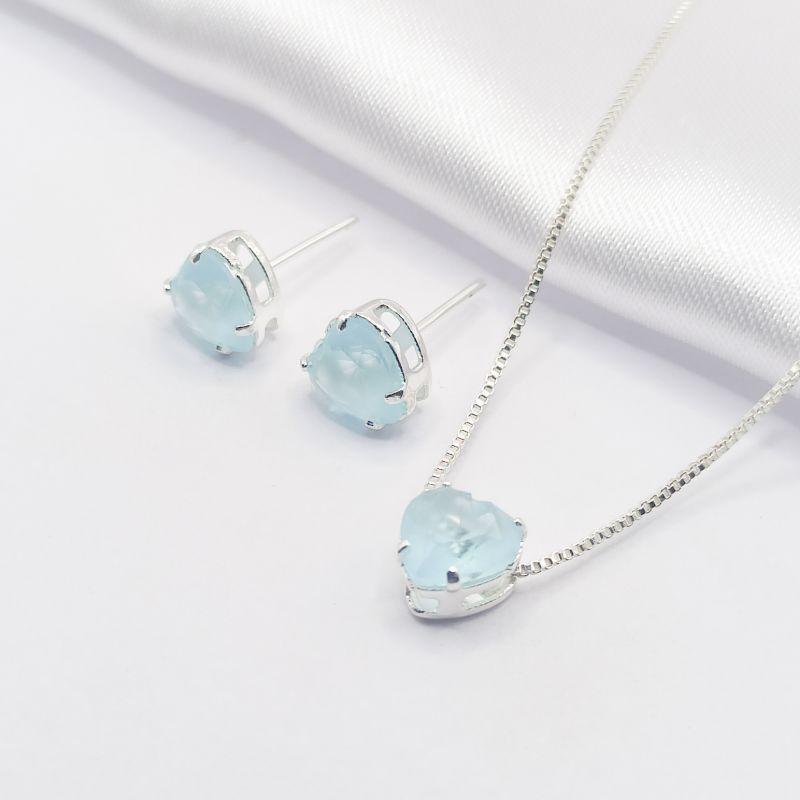 CONJUNTO PRATA CORAÇÃO AZUL 45CM M