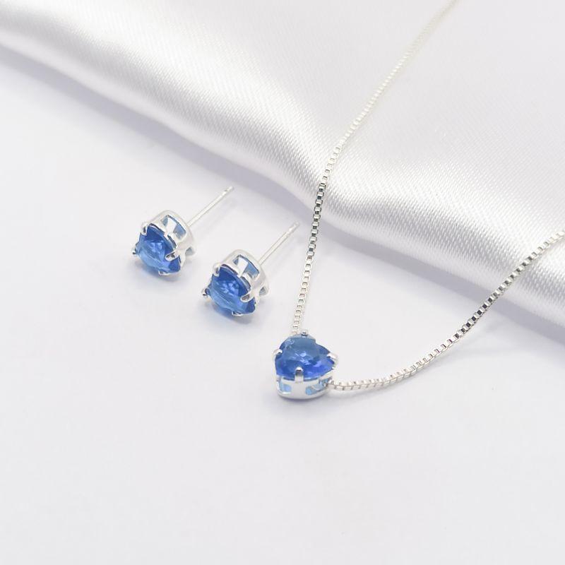 CONJUNTO PRATA CORAÇÃO AZUL 45CM P