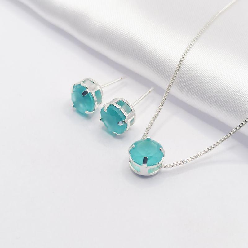 CONJUNTO PRATA PONTO DE LUZ TURQUESA 45CM