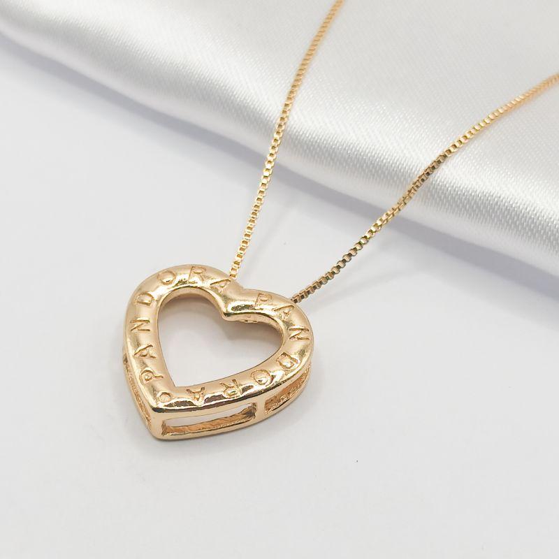 GARGANTILHA DOURADA CORAÇÃO VAZADO INSPIRAÇÃO PANDORA 45CM