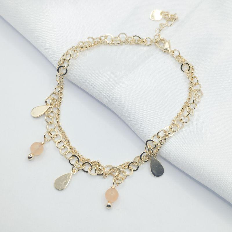 PULSEIRA DOURADA DUPLA COM GOTAS LISAS E BOLINHAS COLORIDAS