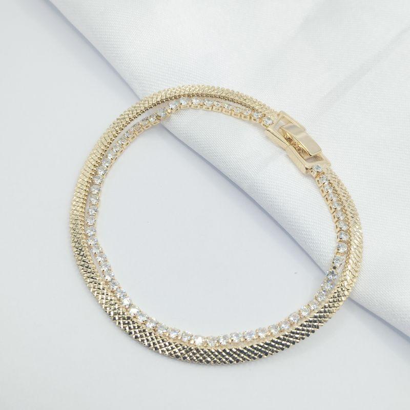 PULSEIRA DOURADA DUPLA RIVIERA E FLAT CHAIN