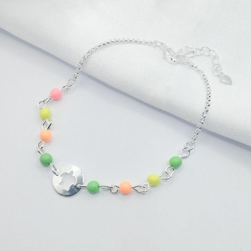 PULSEIRA PRATA BOLINHAS COLORIDAS E PINGENTE VAZADO TARTARUGA