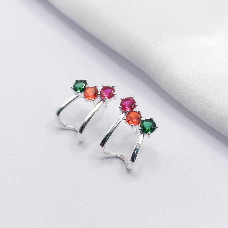 BRINCO PRATA EAR CUFF 3 CRISTAIS COLORIDOS