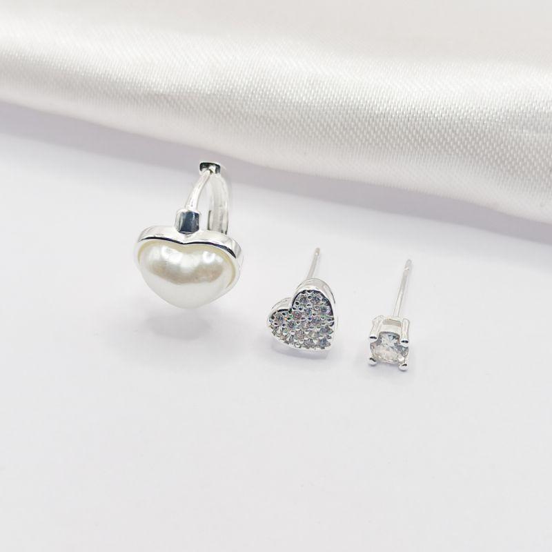 BRINCO PRATA TRIO CORAÇÃO PÉROLA BOLINHA CORAÇÃO CRAVEJADO E CARRÊ CRISTAL