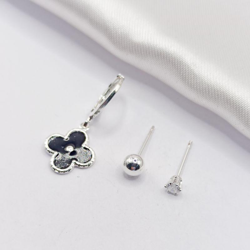 BRINCO PRATA TRIO VAN CLEEF BLACK BOLINHA LISA E PONTO DE LUZ