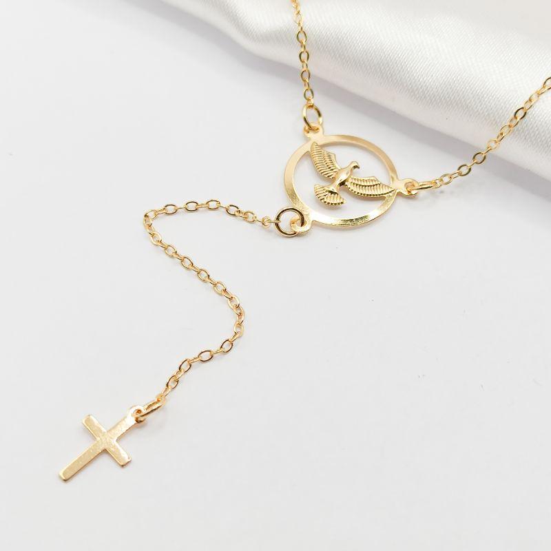 COLAR DOURADO ESPÍRITO SANTO E PINGENTE DE CRUZ 45CM