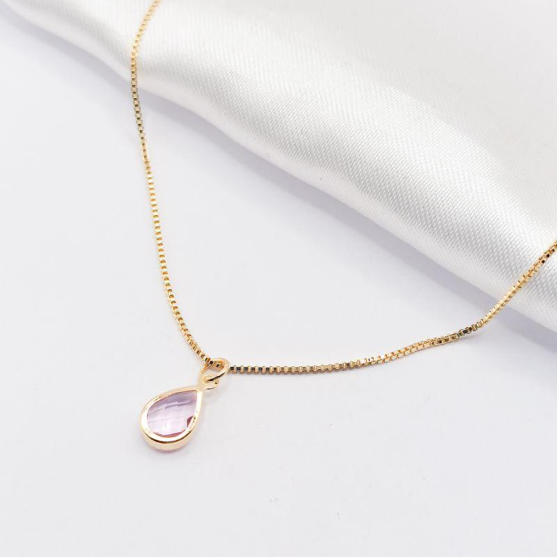 COLAR DOURADO GOTA ROSA 45CM