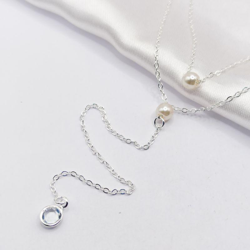 COLAR PRATA CORRENTE DUPLA DUAS PÉROLAS E BEZEL CRISTAL