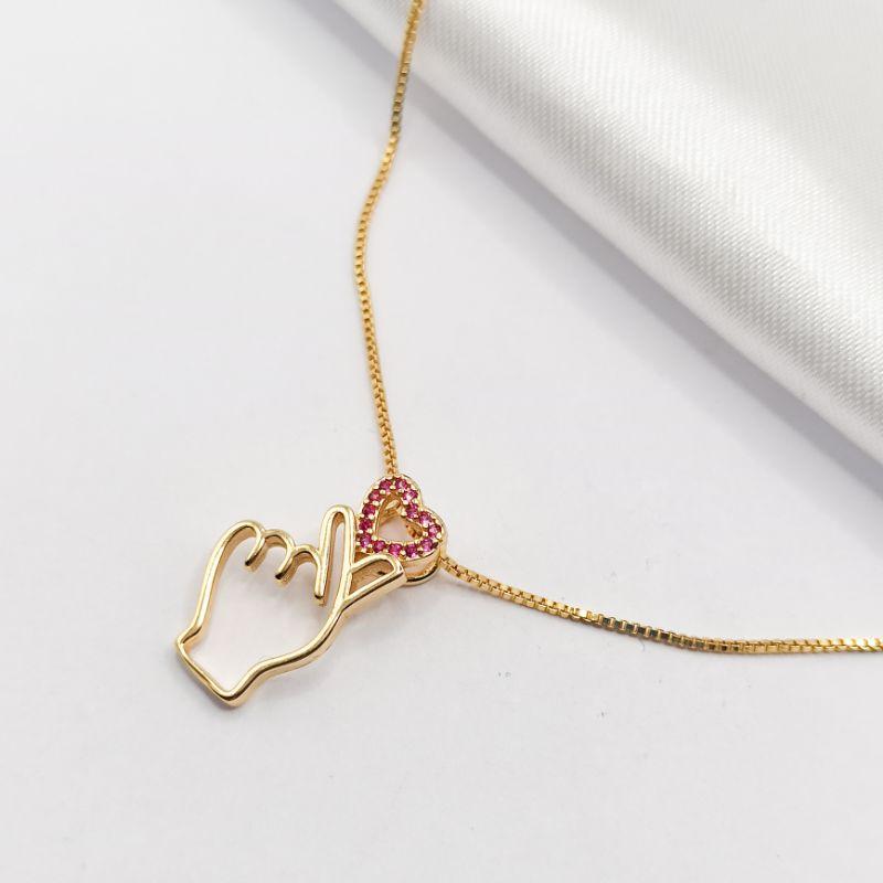 GARGANTILHA DOURADA CORAÇÃO COREANO ZIRCÔNIA ROSA 45CM
