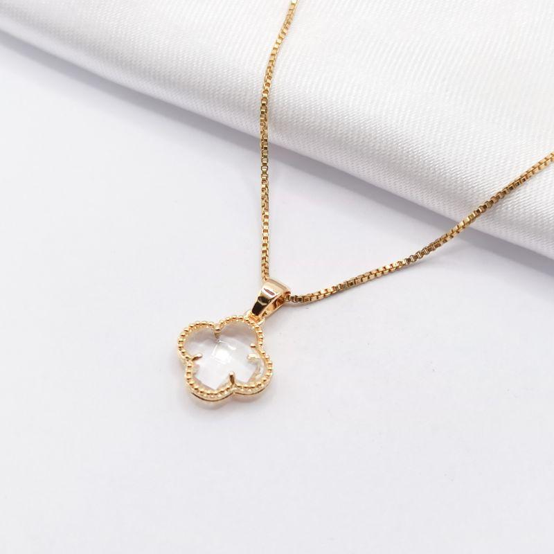 GARGANTILHA DOURADA TREVO VAN CLEFF CRISTAL 45CM