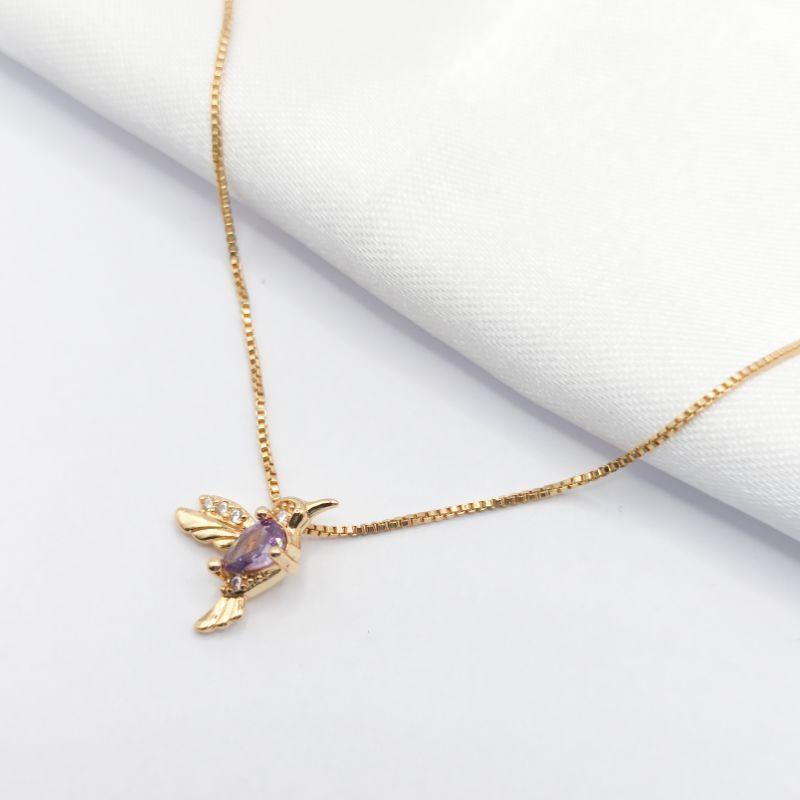 GARGANTILHA DOURADO BEIJA FLOR GOTA CRISTAL  45CM