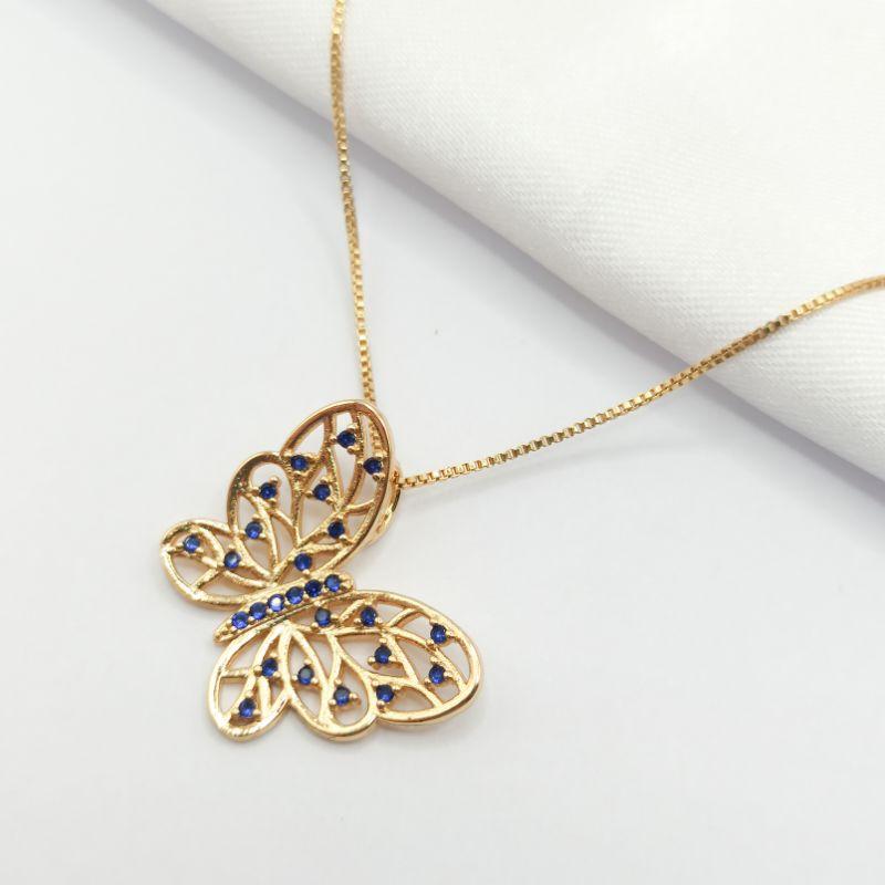 GARGANTILHA DOURADO BORBOLETA COM ZIRCÔNIA AZUL 45CM