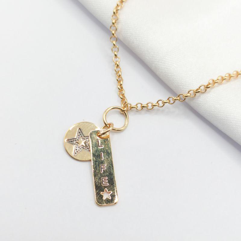 GARGANTILHA DOURADO ELO PORTUGUÊS COM PLAQUINHA LIFE E ESTRELA 45CM