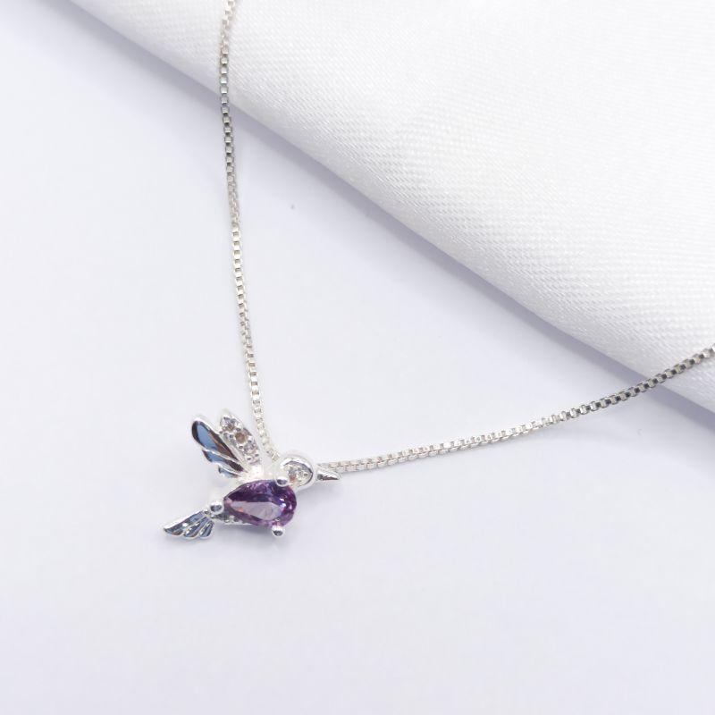 GARGANTILHA PRATA BEIJA FLOR GOTA CRISTAL  45CM