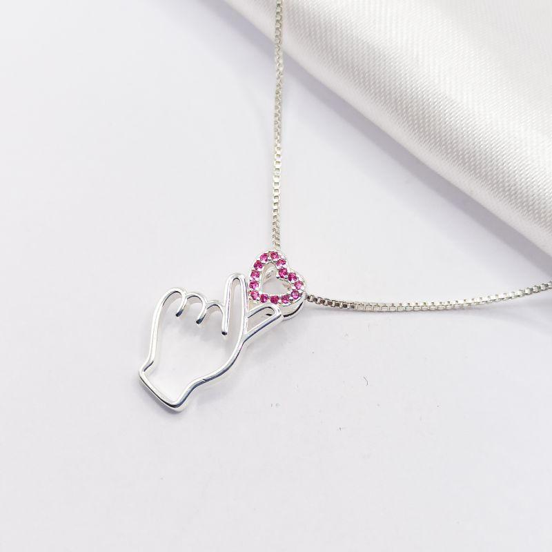 GARGANTILHA PRATA  CORAÇÃO COREANO ZIRCÔNIA ROSA 45CM