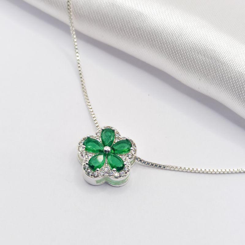 GARGANTILHA PRATA FLOR GOTA VERDE E ZIRCÔNIA 45CM