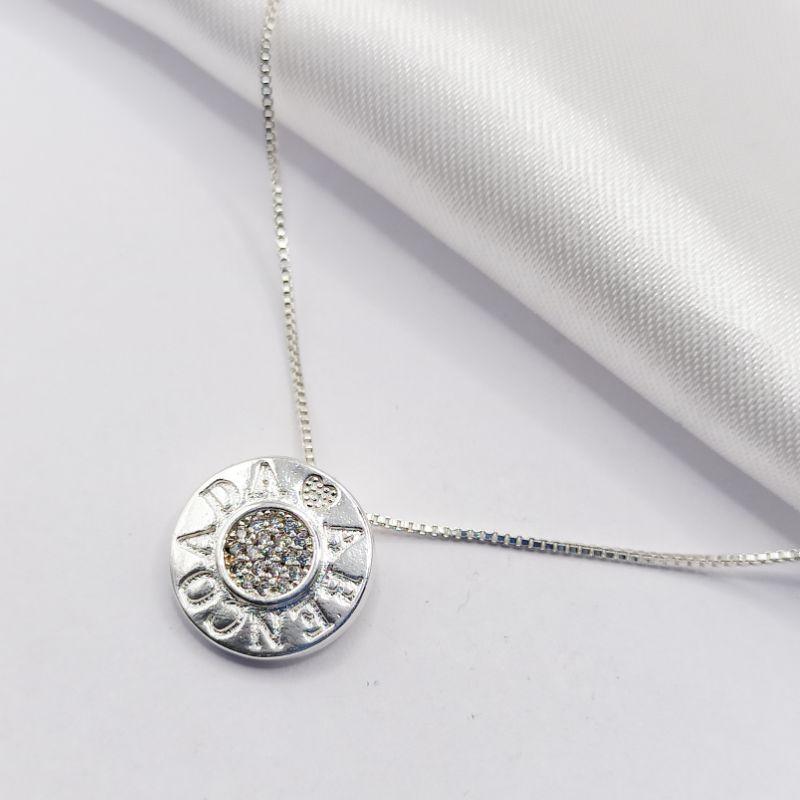 GARGANTILHA PRATA MEDALHA ABENÇOADA COM ZIRCÔNIA 45CM