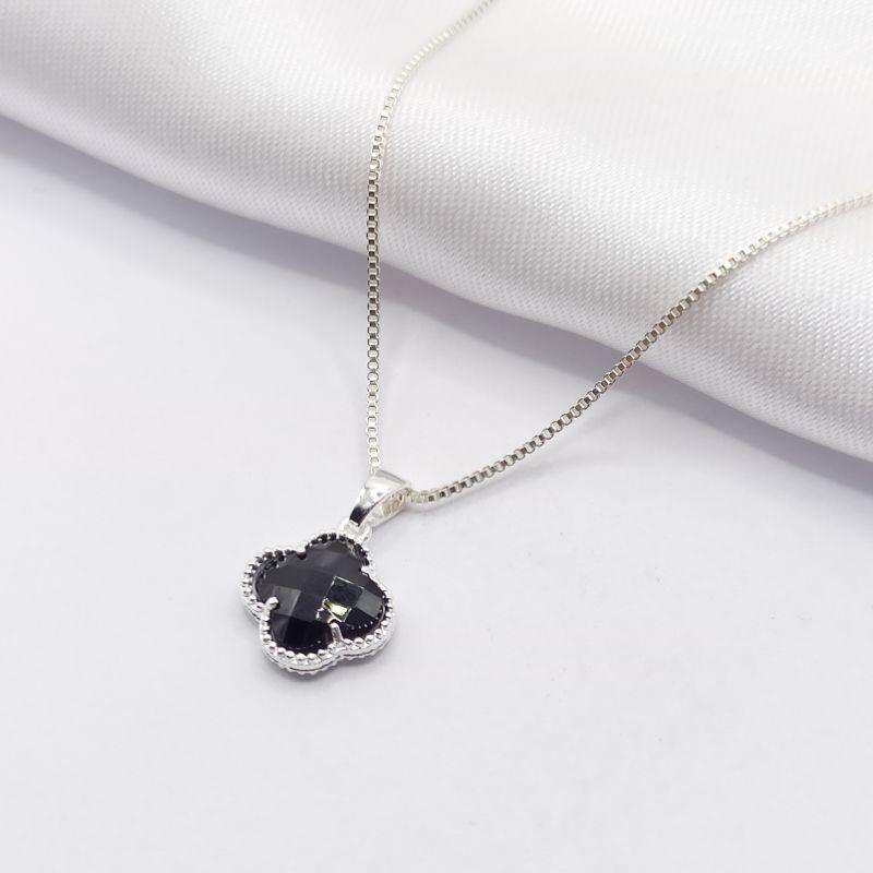 GARGANTILHA PRATA TREVO VAN CLEFF BLACK 45CM