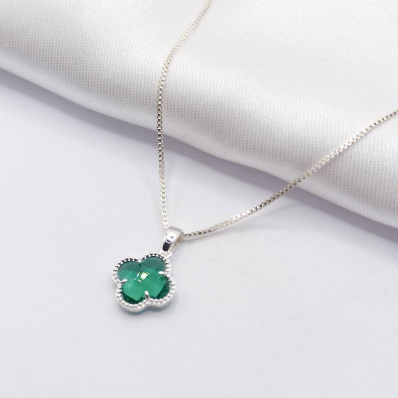 GARGANTILHA PRATA TREVO VAN CLEFF VERDE 45CM