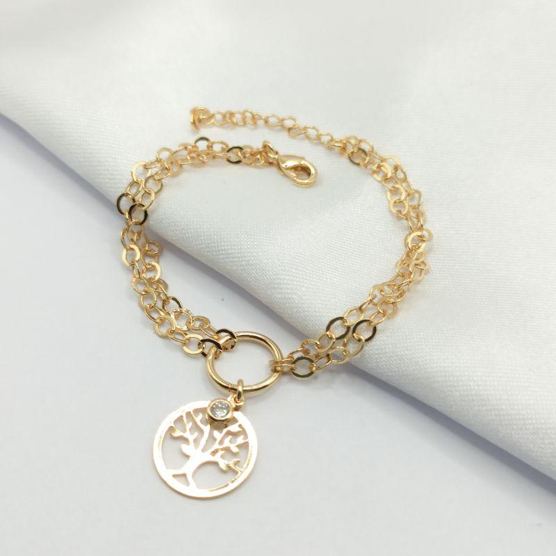 PULSEIRA DOURADA CORRENTE DUPLA ÁRVORE DA VIDA