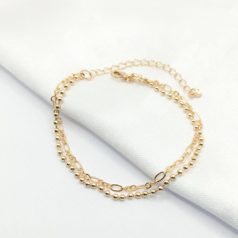 PULSEIRA DOURADA CORRENTE DUPLA BOLINHA E ELO CARTIER