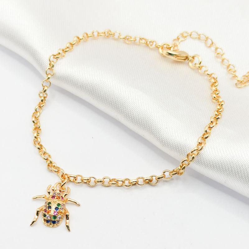 PULSEIRA DOURADA ELO PORTUGUÊS BESOURO COLORIDO