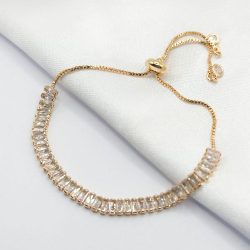 PULSEIRA DOURADA RIVIEIRA BAGUETE CRISTAL