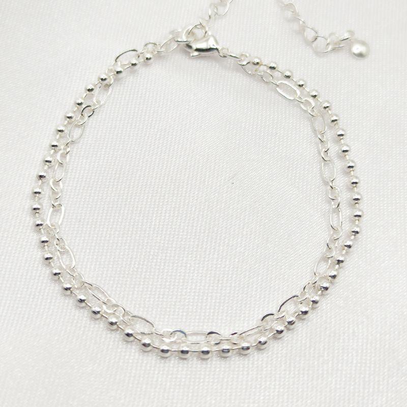 PULSEIRA PRATA CORRENTE DUPLA BOLINHA E ELO FÍGARO 2X1
