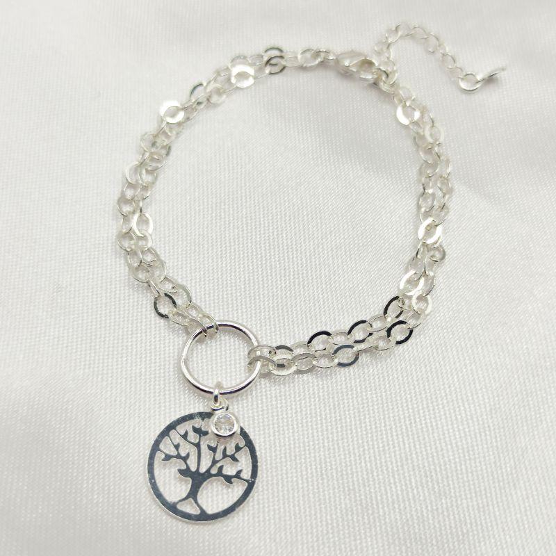 PULSEIRA PRATA CORRENTE DUPLA OVAL COM PINGENTE ÁRVORE DA VIDA